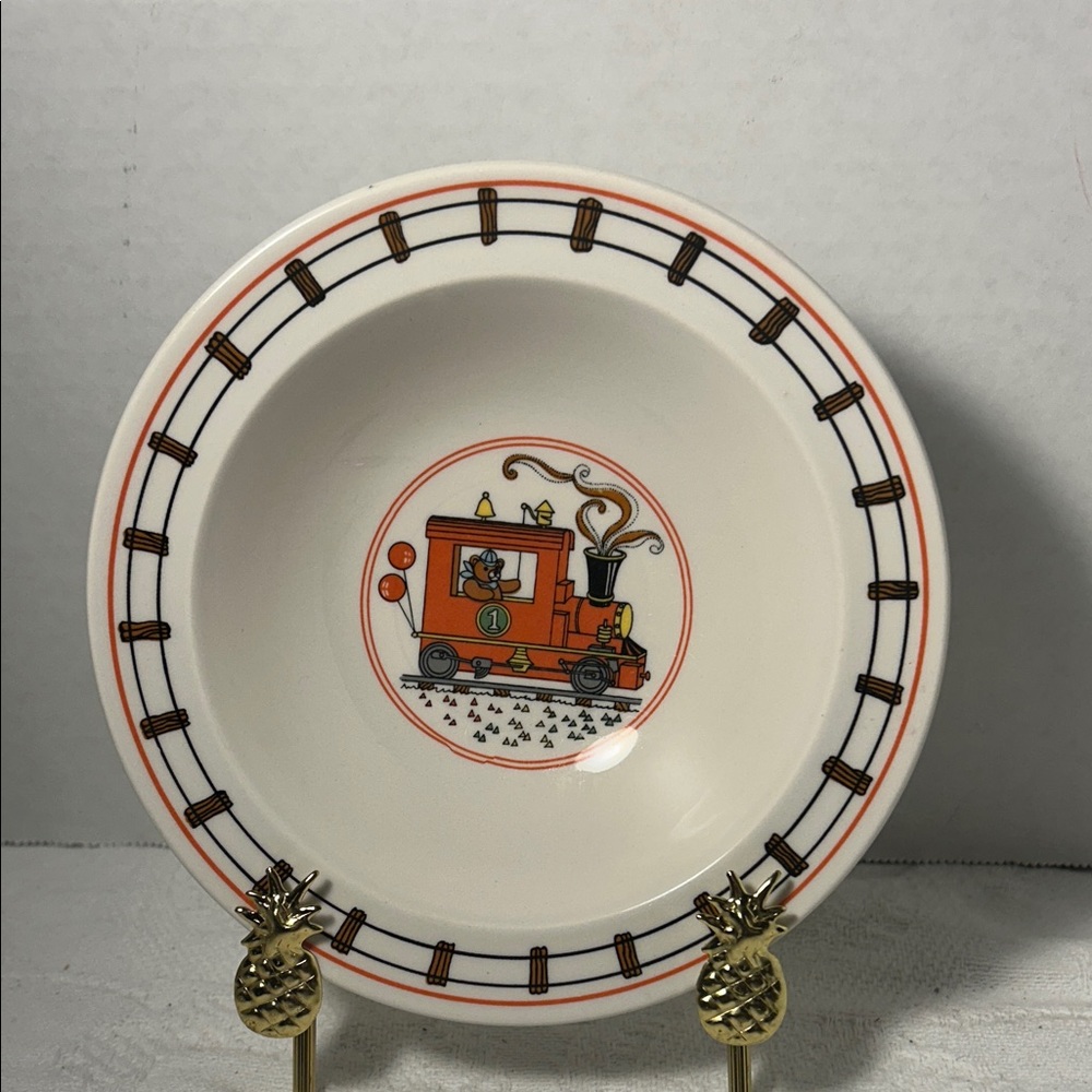 Charming Train-Themed White and Orange Bowl Made in Korea